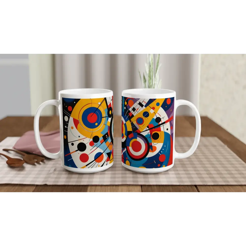 Two white 15oz ceramic mugs with colorful abstract designs for Dynamic Balance PixiOnyx Brew
