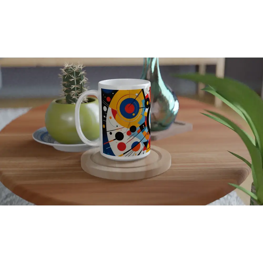 White 15oz Ceramic Mug with Abstract Art Design from PixiOnyx Dynamic Balance collection