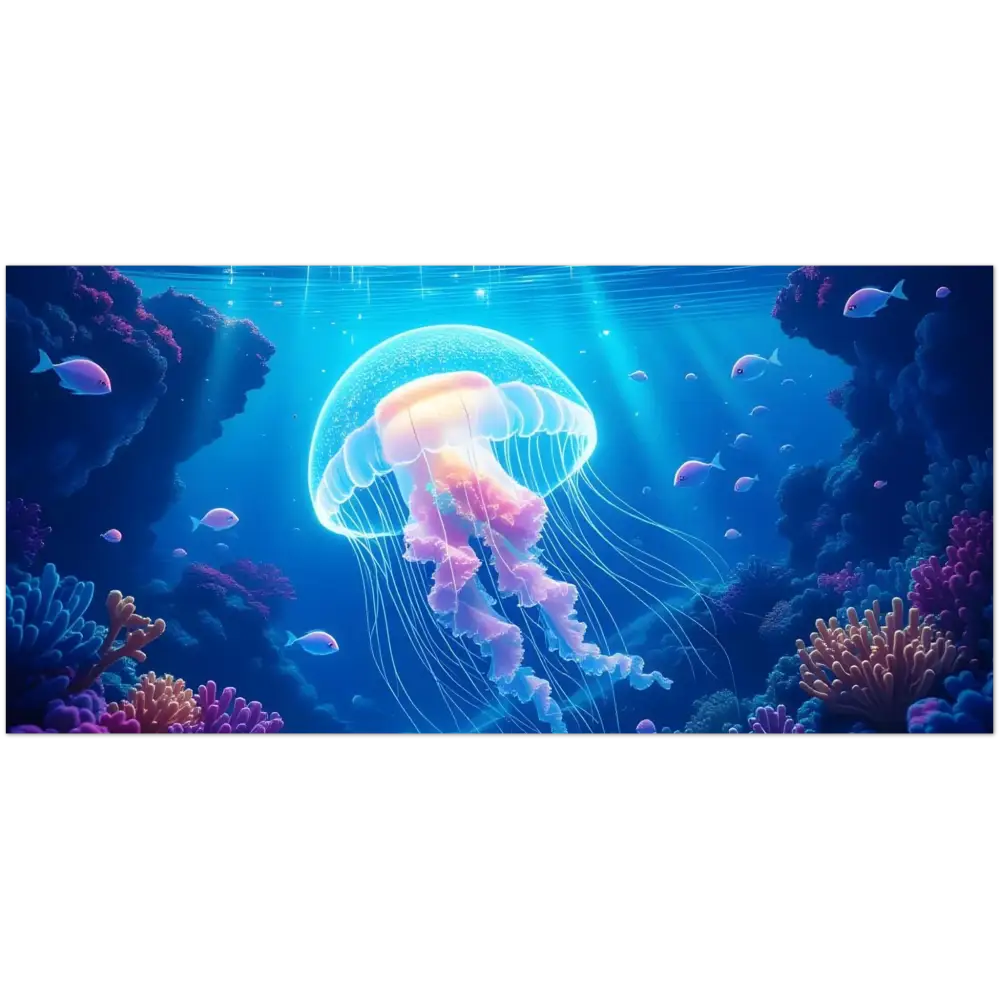 Glowing jellyfish in coral reef on White 15oz Ceramic Mug Glowing Wanderer Cosmic Drift