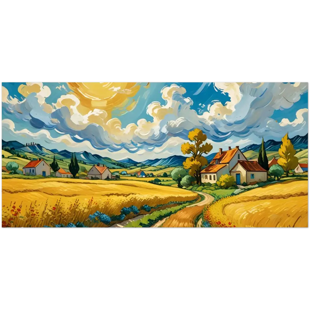 Vibrant rural landscape painting on White 15oz Ceramic Mug Golden Fields Reverie PixiOnyx