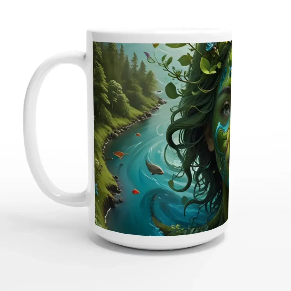 White ceramic mug with nature-themed artwork for Green Goddess PixiOnyx Nature Brew
