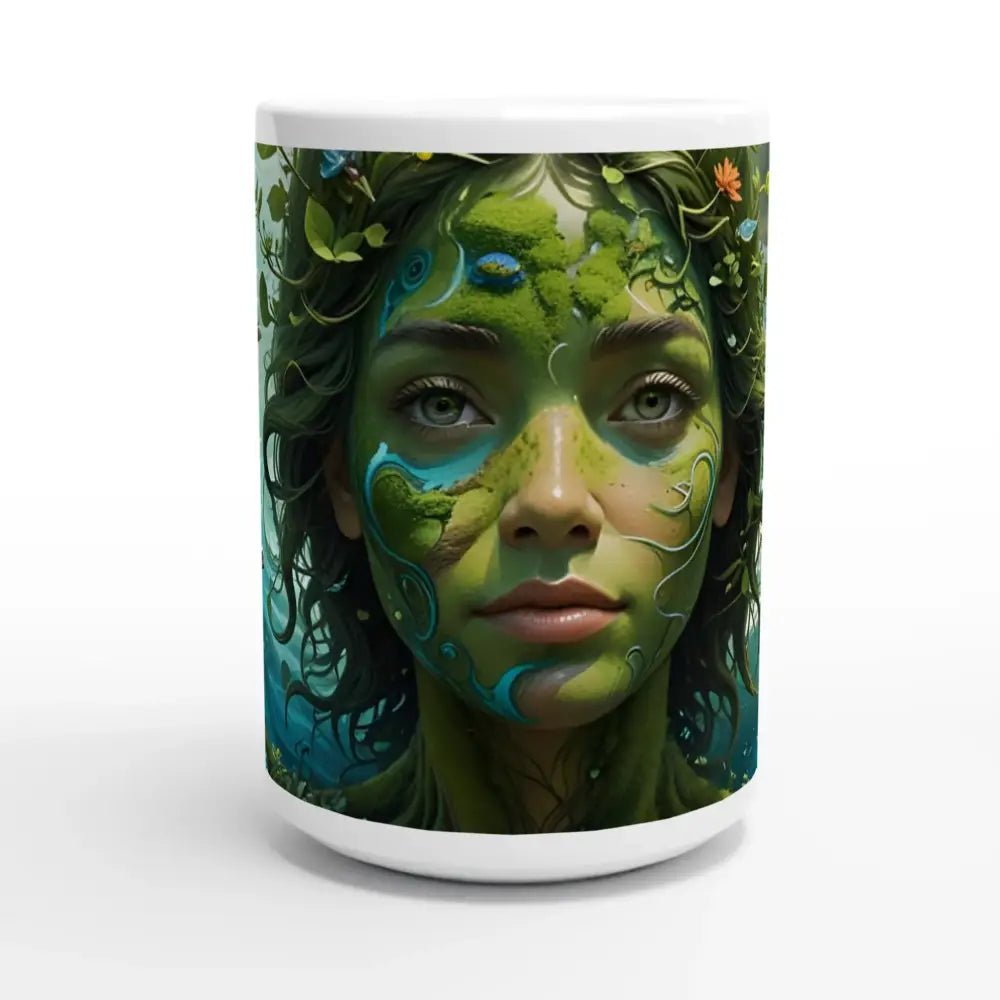 White 15oz Ceramic Mug with Nature-Themed Face Art Green Goddess PixiOnyx Nature Brew