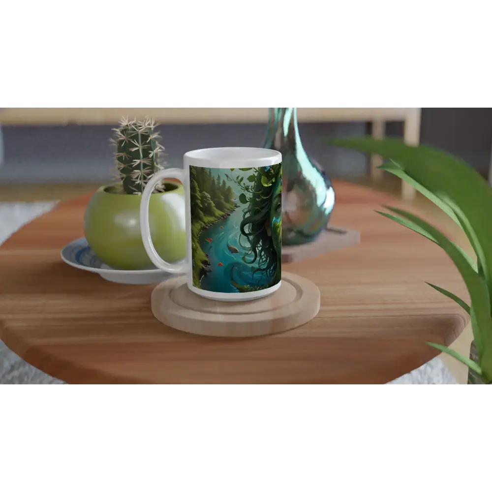 Artistic river scene design on a White 15oz Ceramic Mug Green Goddess by PixiOnyx Nature Brew