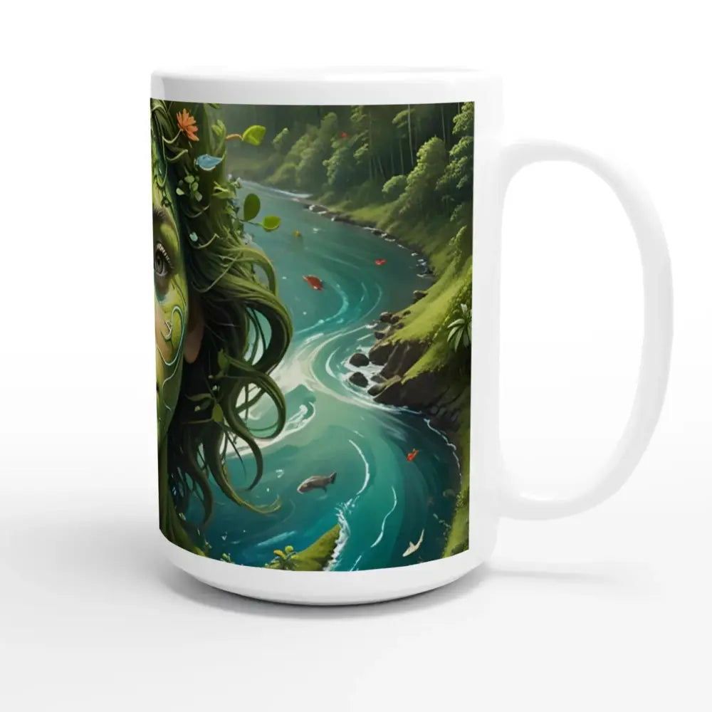 White ceramic mug with green nature-themed artwork for Green Goddess PixiOnyx Nature Brew