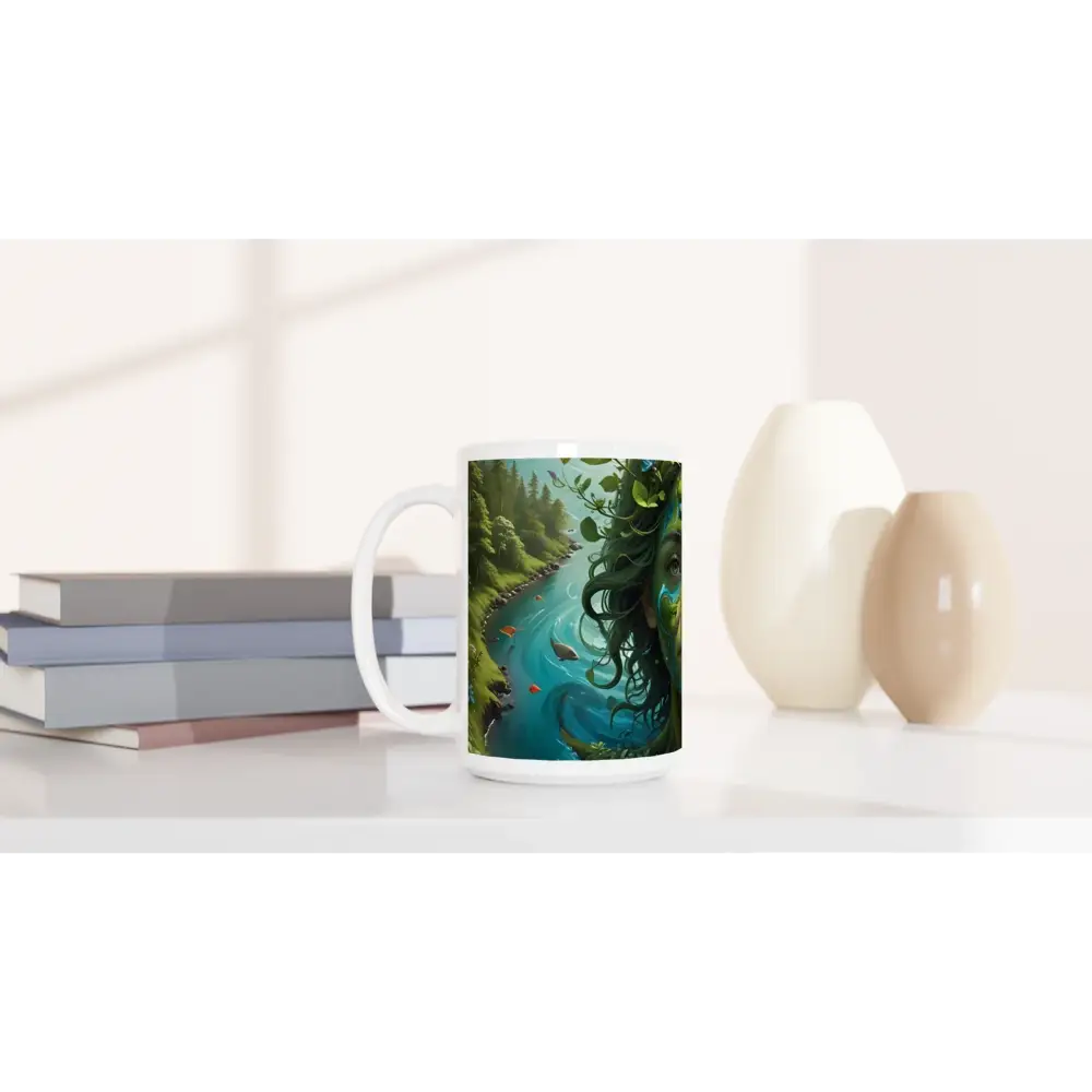 Scenic river design on White 15oz Ceramic Mug Green Goddess PixiOnyx Nature Brew