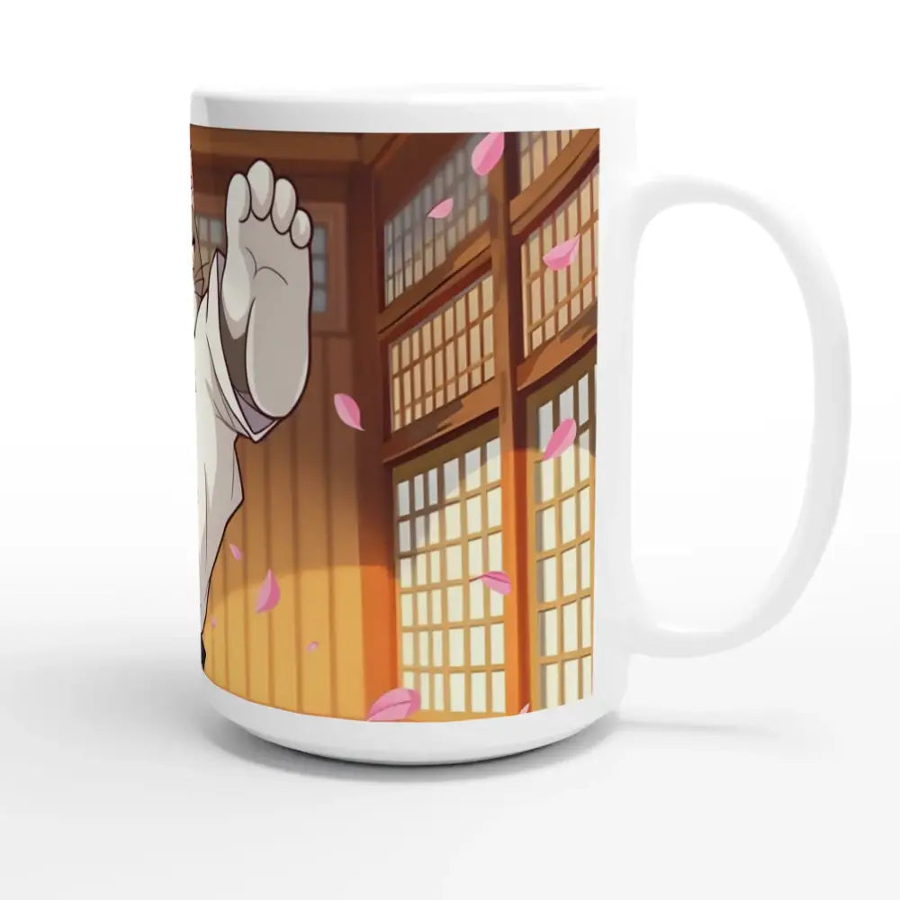 White ceramic mug from Karate Cat Cherry Blossom Showdown collection on PixiOnyx