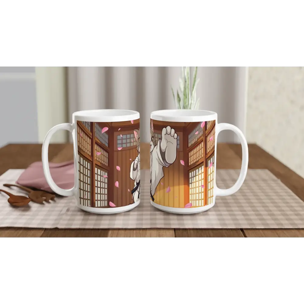 White 15oz ceramic mugs featuring Karate Cat Cherry Blossom Showdown design