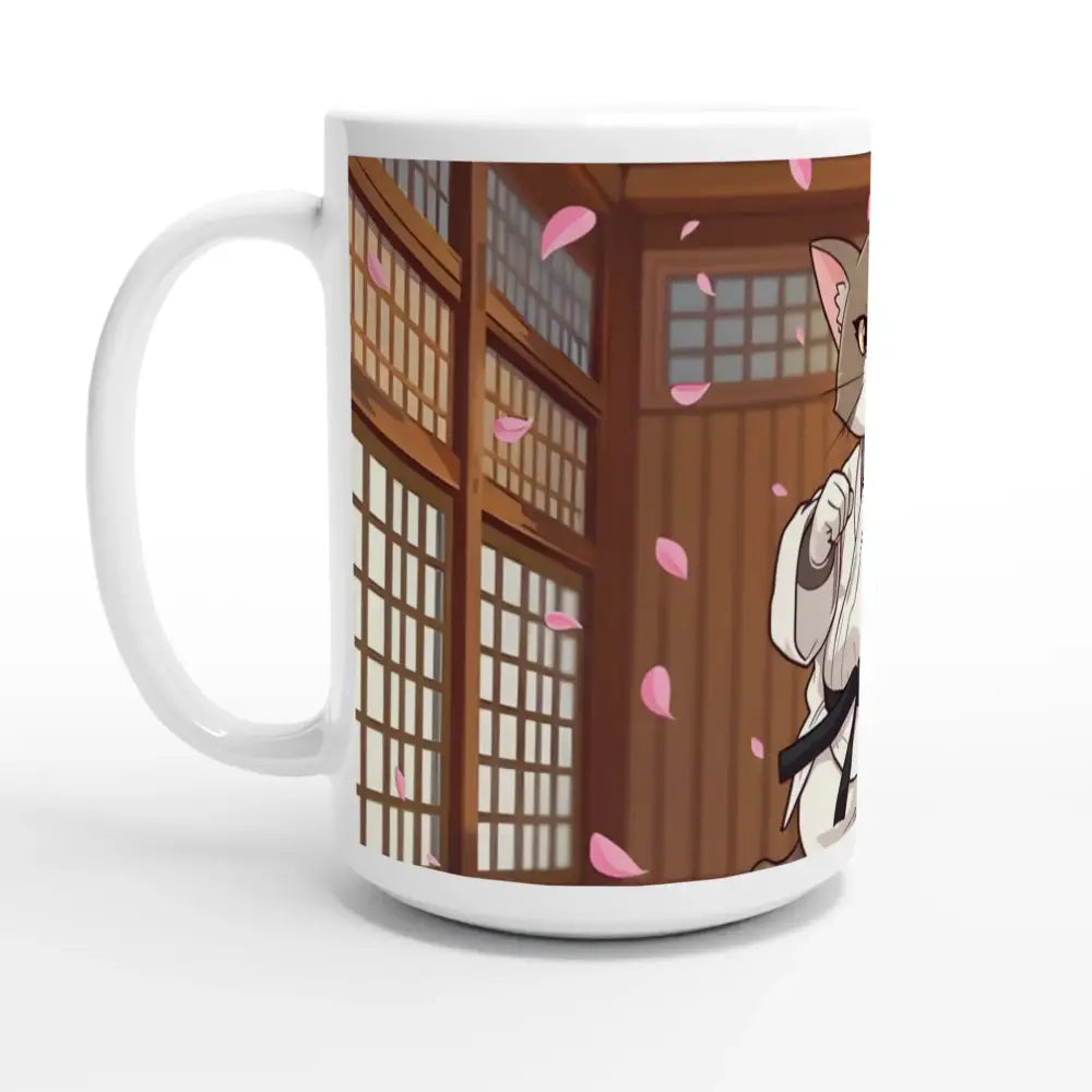 White ceramic mug with anime-inspired Karate Cat Cherry Blossom Showdown design