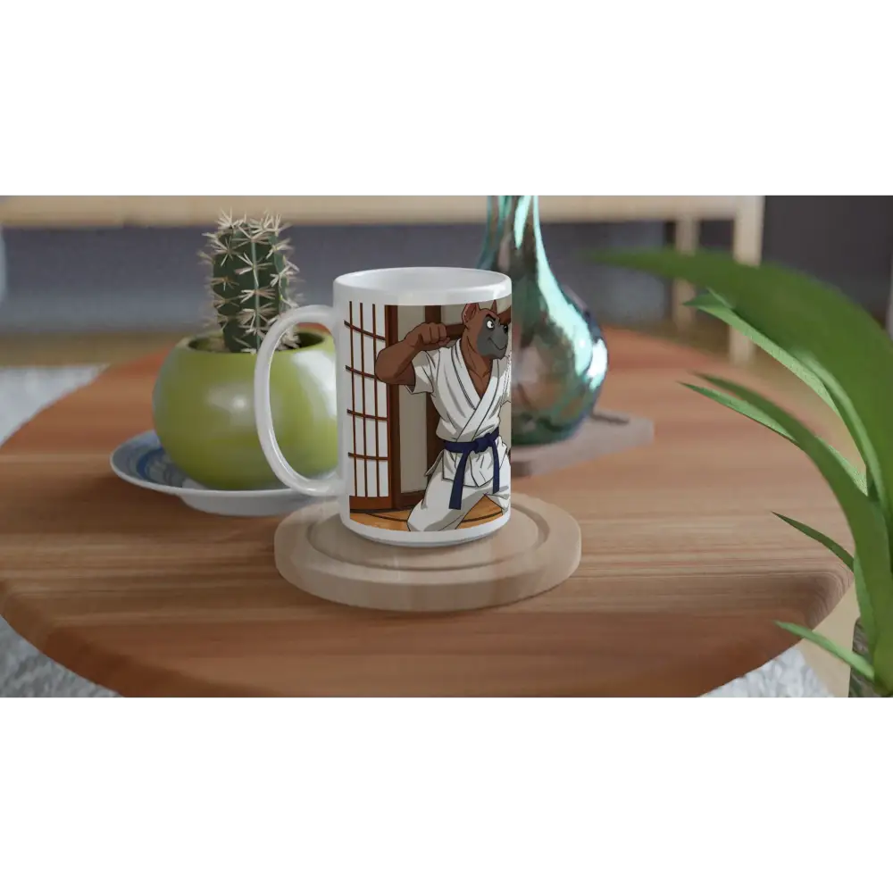 White ceramic mug featuring a Karate dog design from Paws of Fury film