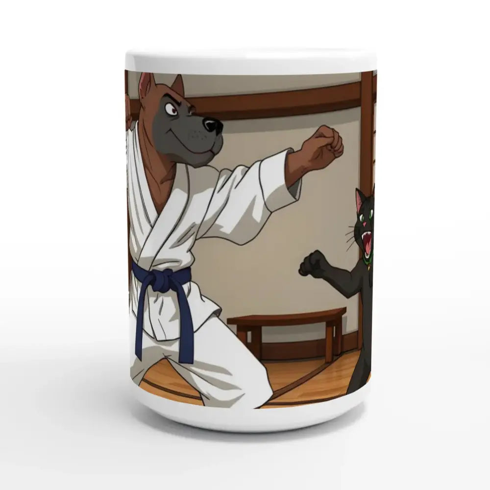 White ceramic mug with cartoon karate dog and cat design from Paws of Fury product