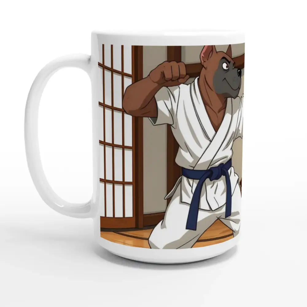 White ceramic mug with Karate Dog from Paws of Fury Martial Mayhem game