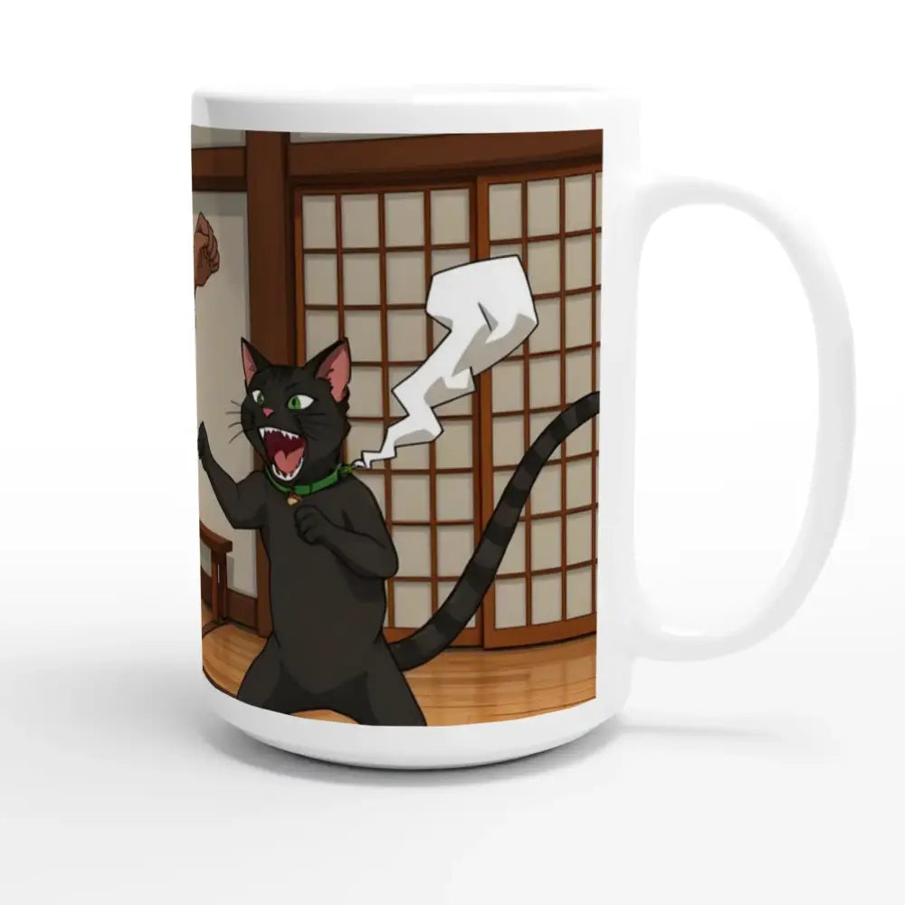 White ceramic mug with cartoon cat design from Paws of Fury The Ultimate Standoff