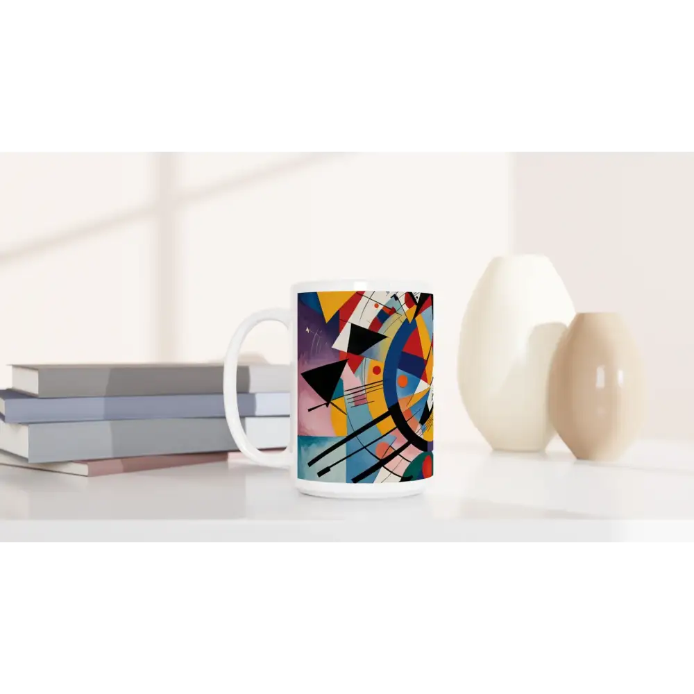 Colorful abstract art on White 15oz Ceramic Mug with Rhythmic Geometry design