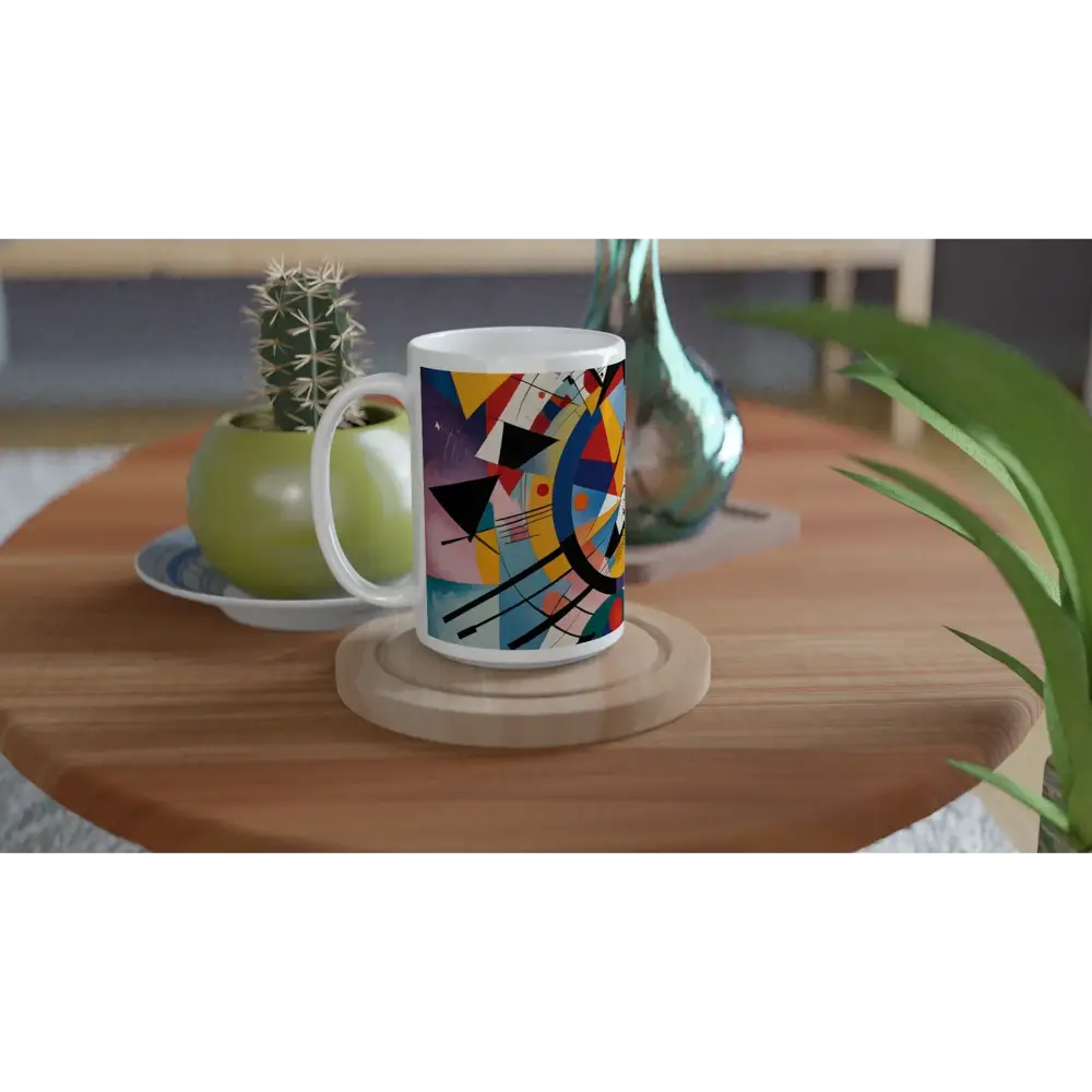 Colorful abstract art ceramic mug with rhythmic geometric design for stylish coffee enjoying