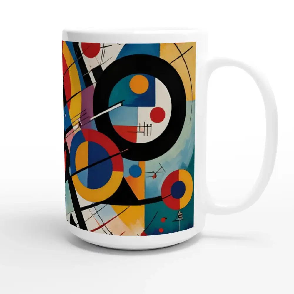 White ceramic mug with abstract rhythmic geometry art from PixiOnyx