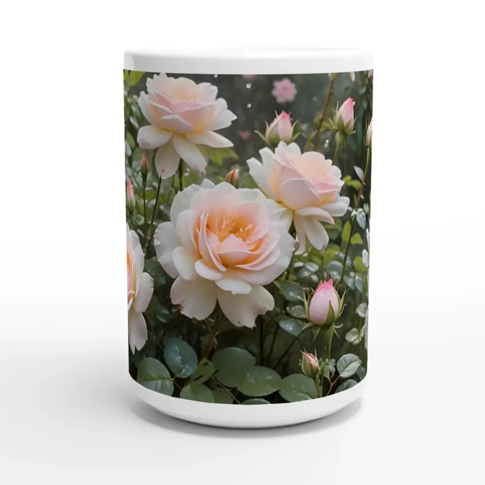 Floral-patterned ceramic mug in White 15oz Ceramic Mug – Soft Petal Symphony by PixiOnyx