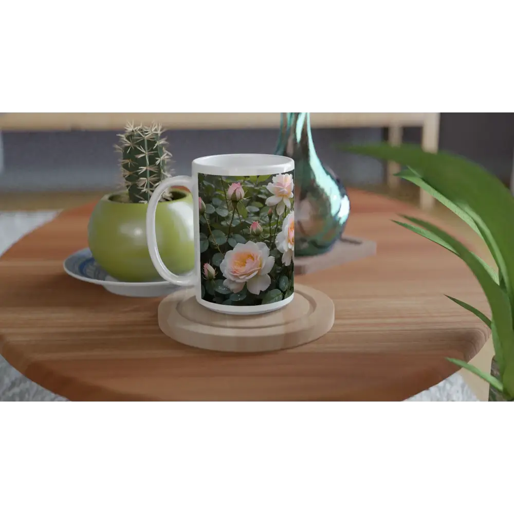 Floral-themed ceramic mug from PixiOnyx Botanical Brew White 15oz Soft Petal Symphony