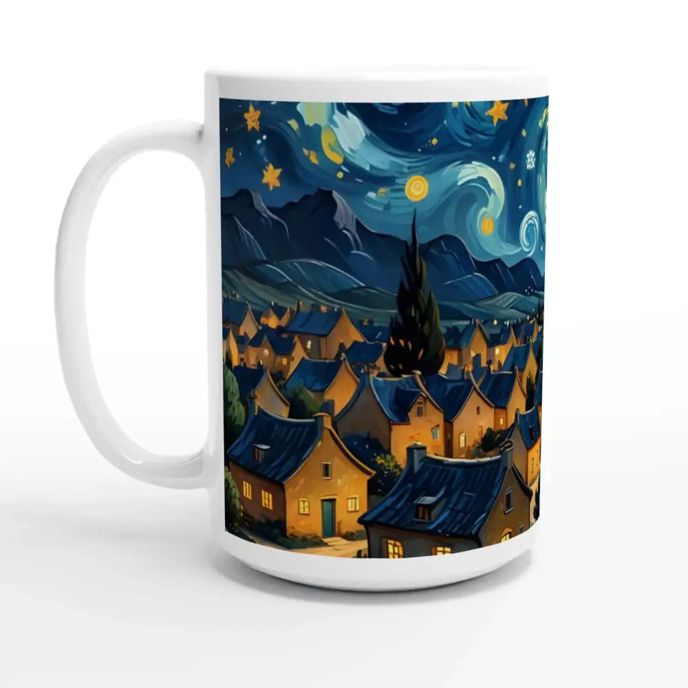 White 15oz ceramic mug with Starry Night inspired village scene at PixiOnyx Morning Ritual