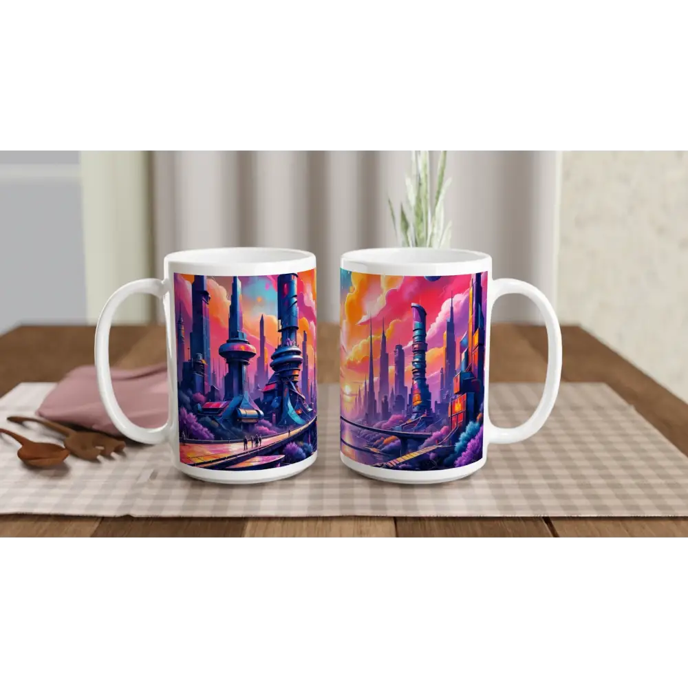Glossy white ceramic mug with colorful futuristic cityscape design for sci-fi fans