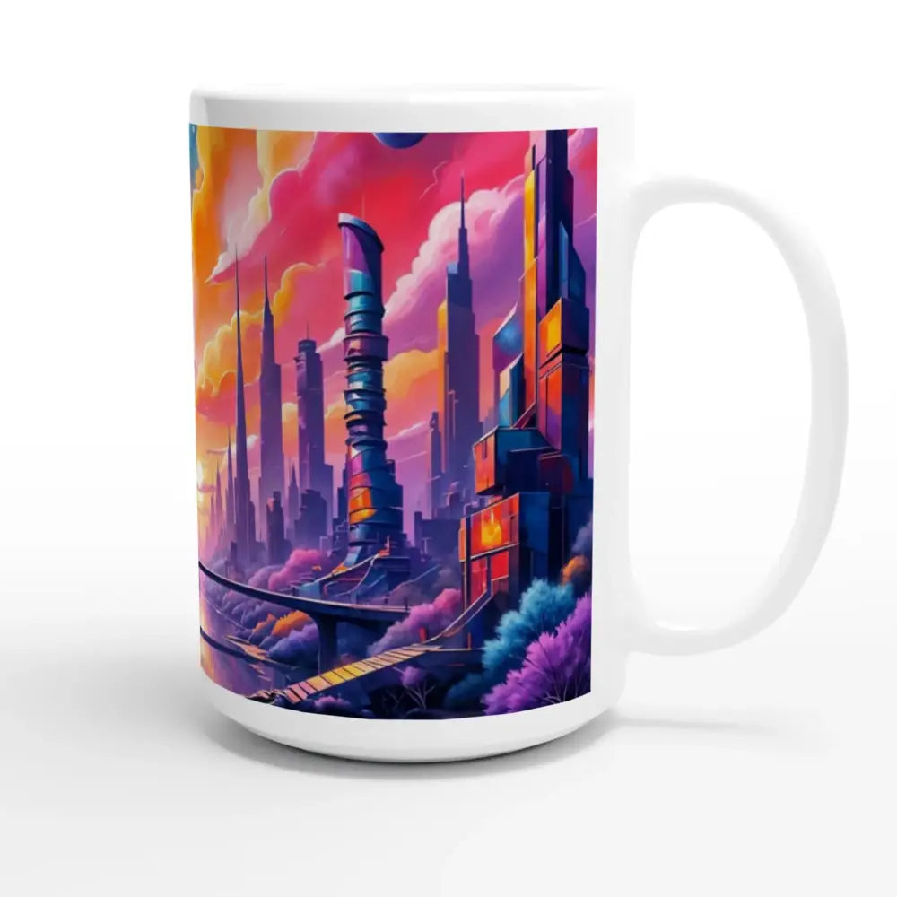 Glossy white ceramic mug with vibrant futuristic city illustration, perfect for sci-fi fans