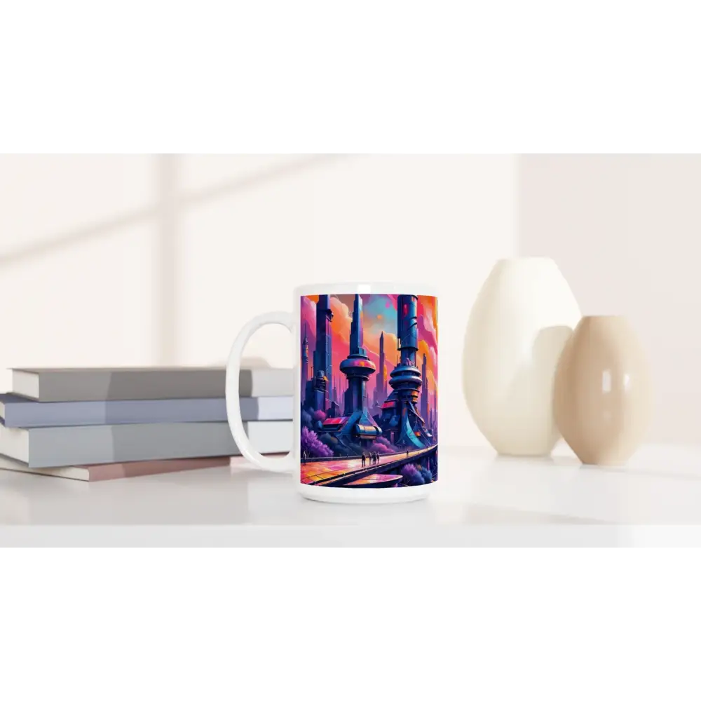 Glossy white ceramic mug with colorful futuristic city illustration, perfect for sci-fi fans