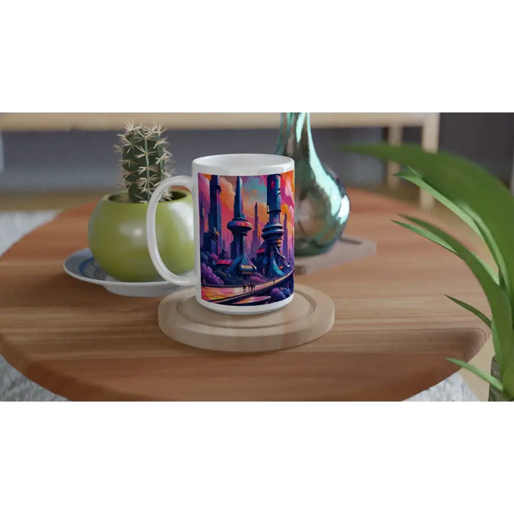 Glossy white ceramic mug with abstract colorful cityscape design for Sci-Fi fans