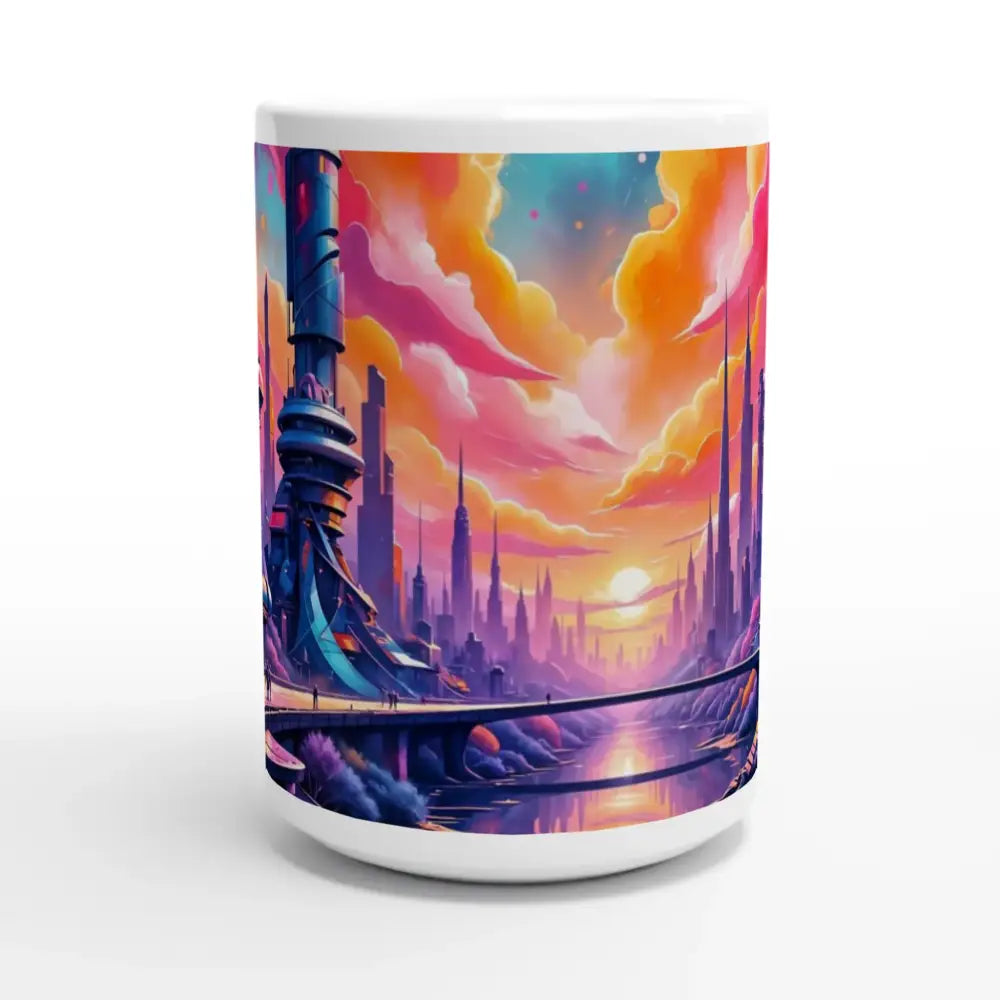White ceramic mug with vibrant futuristic cityscape and sunset design for Sci-Fi fans