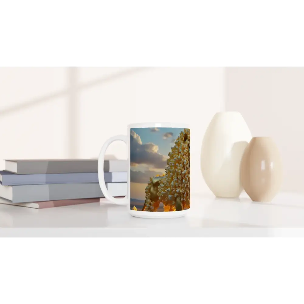 Printed ceramic mug in White 15oz Ceramic Mug The Golden Kernel King PixiOnyx Whimsical Wilderness