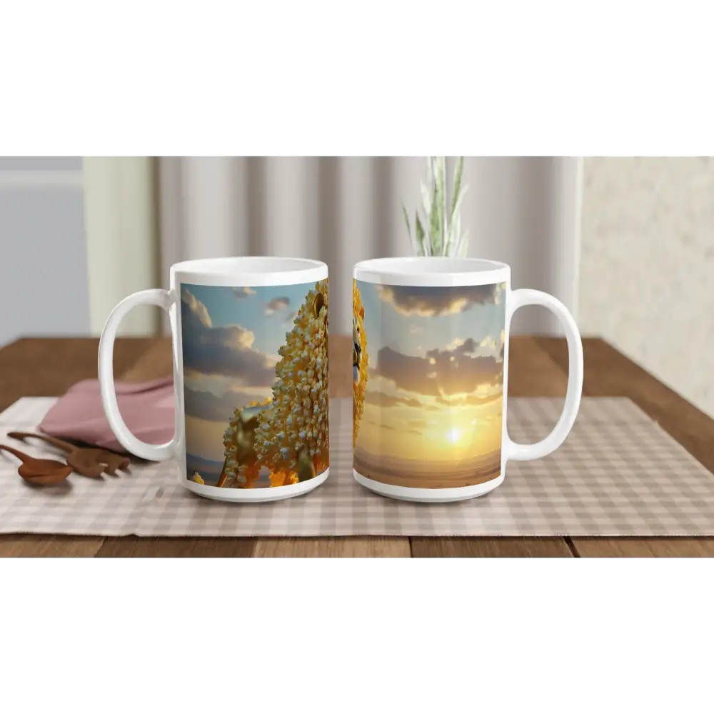 White 15oz ceramic mug with sunset and rock formation designs from PixiOnyx Whimsical Wilderness