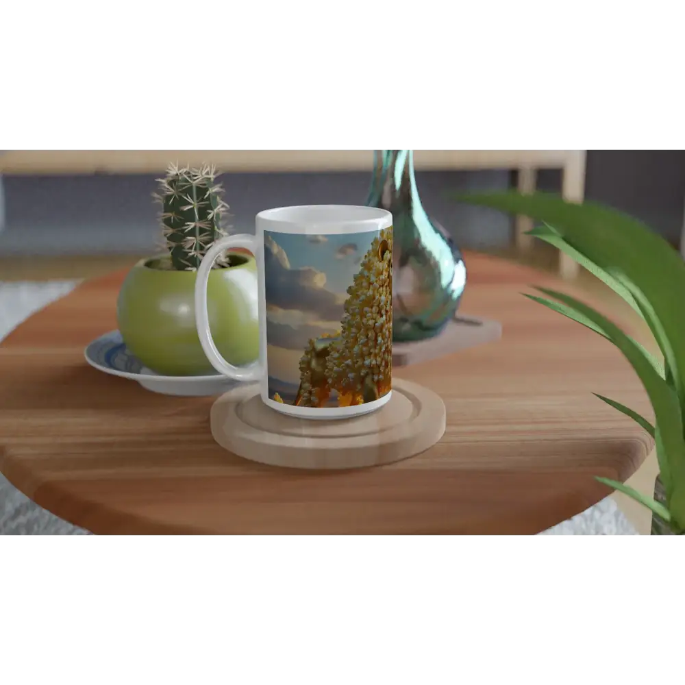 Printed ceramic mug featuring whimsical wilderness design from PixiOnyx Golden Kernel King collection