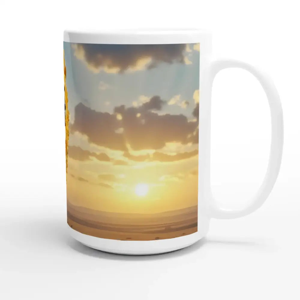 White 15oz ceramic mug featuring a sunset scene from PixiOnyx Whimsical Wilderness