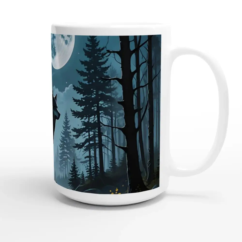 White ceramic mug with wolf and forest design from PixiOnyx Lunar Reverie collection