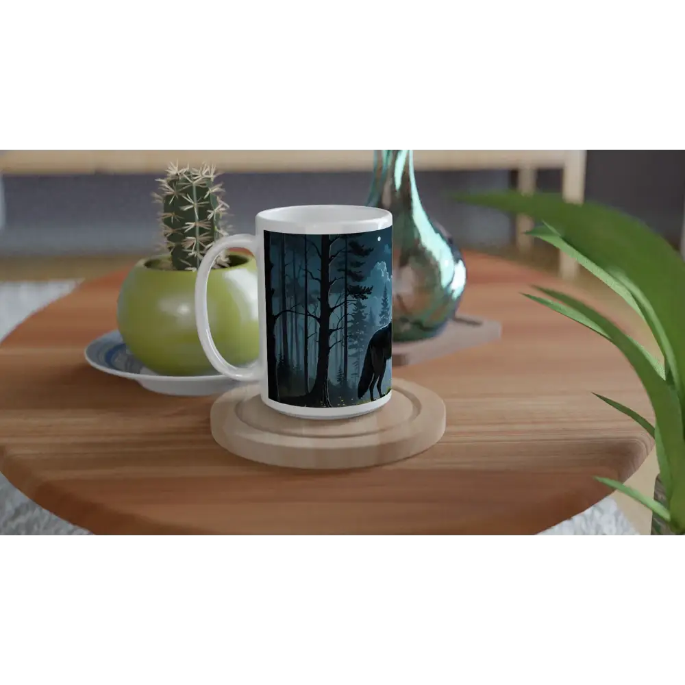 Wolf-themed ceramic mug with a moonlit design featuring a howling wolf and colorful interior