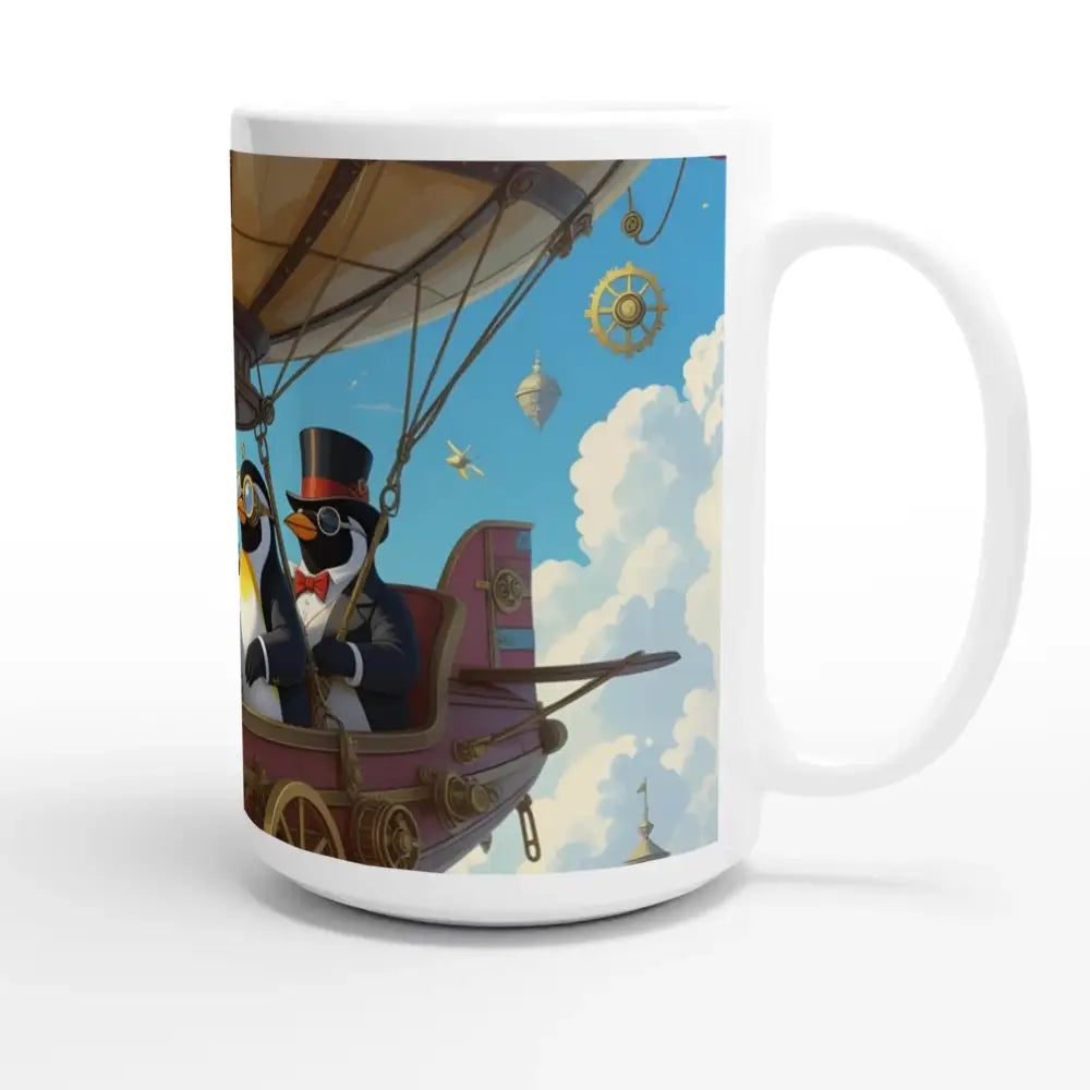 White ceramic 15oz mug with steampunk penguin design from PixiOnyx Penguin Zeppelin Society