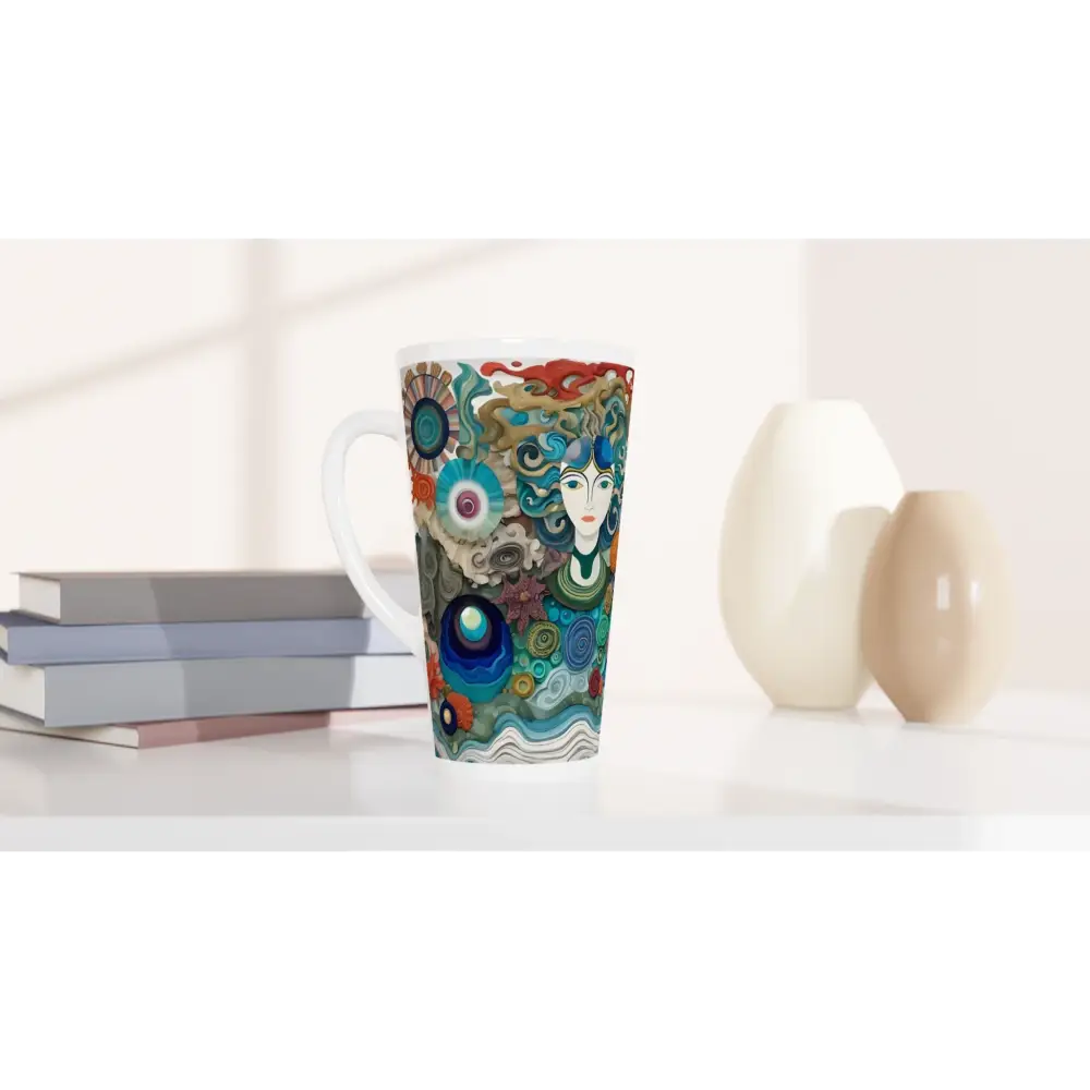 Artistic latte mug featuring abstract ocean design on White Latte 17oz Ceramic Mug