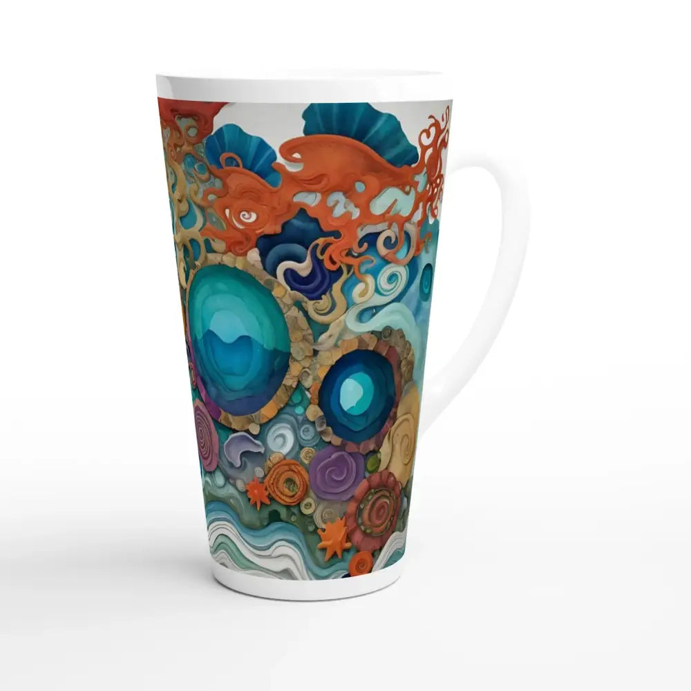 Tall white ceramic mug with colorful abstract ocean-themed artwork for Latte or hot drinks