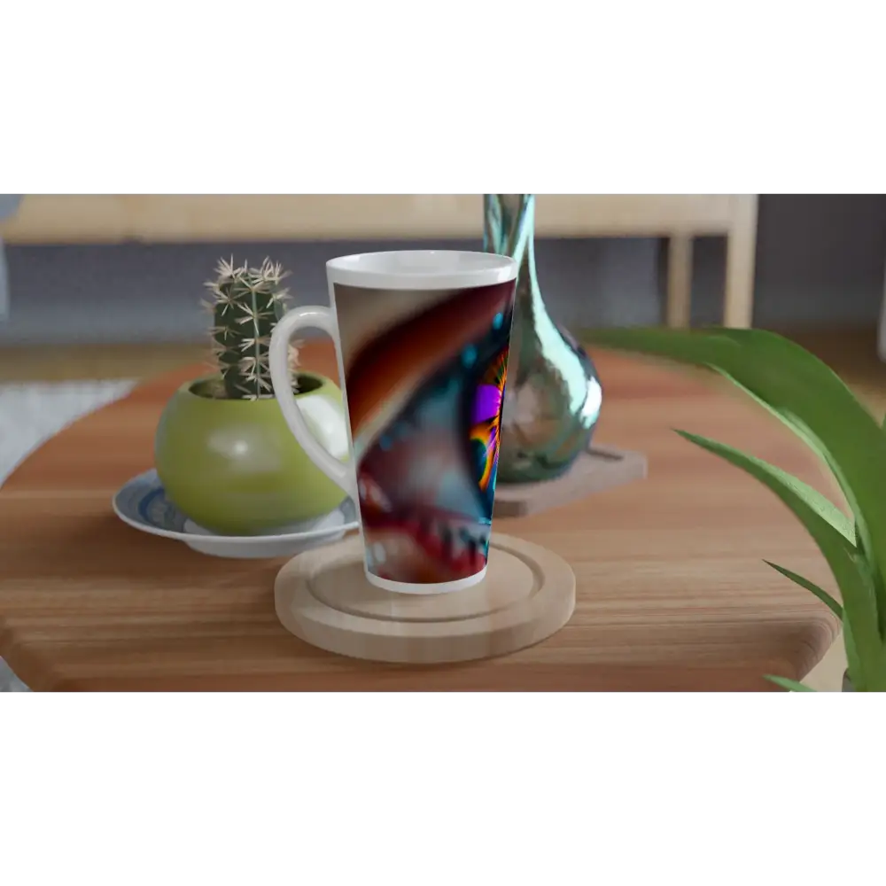 Tall colorful ceramic mug from PixiOnyx Dreamscape Drinkware White Latte 17oz Cosmic Iris