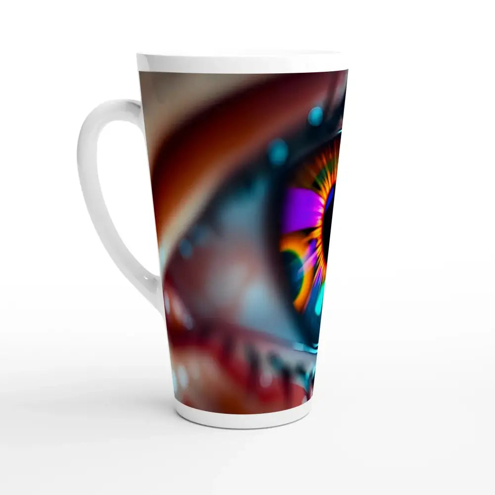 White Latte 17oz ceramic mug with colorful eye design from PixiOnyx Dreamscape Drinkware