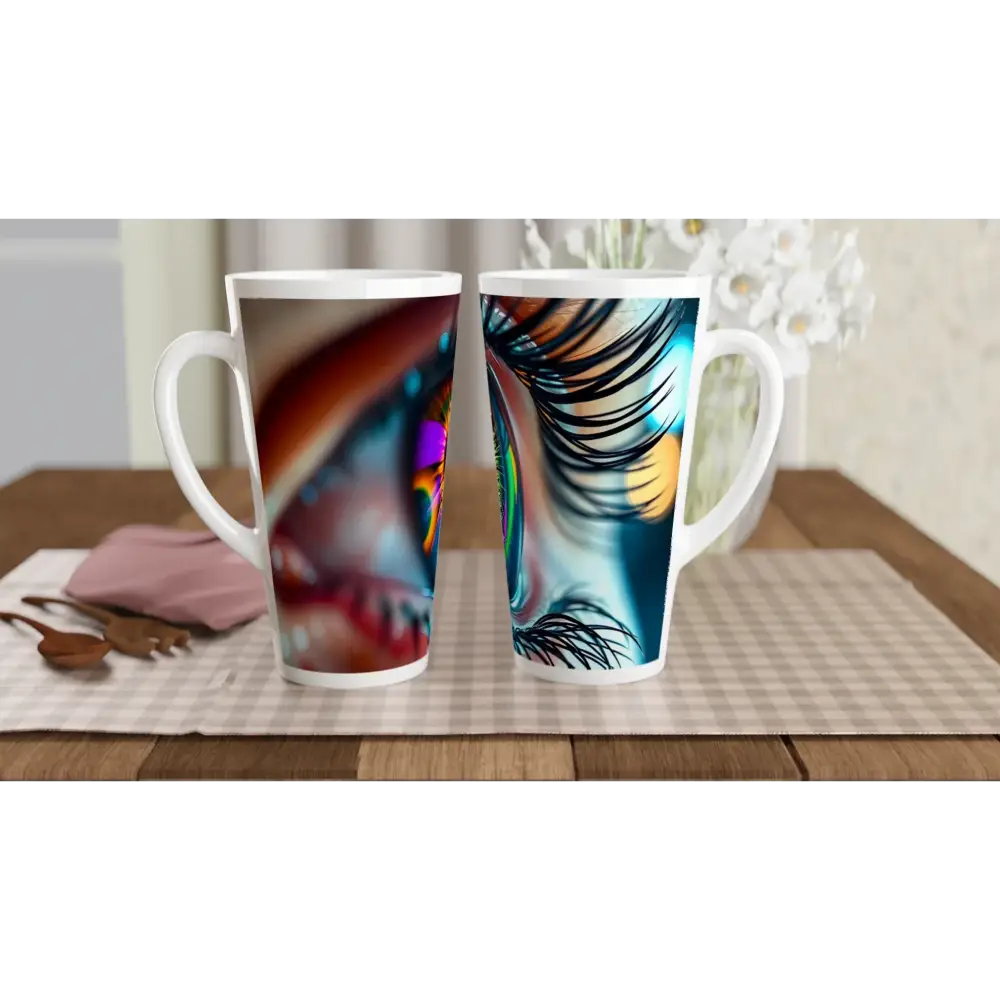 Two eye-themed ceramic mugs from PixiOnyx Dreamscape Drinkware White Latte 17oz Cosmic Iris