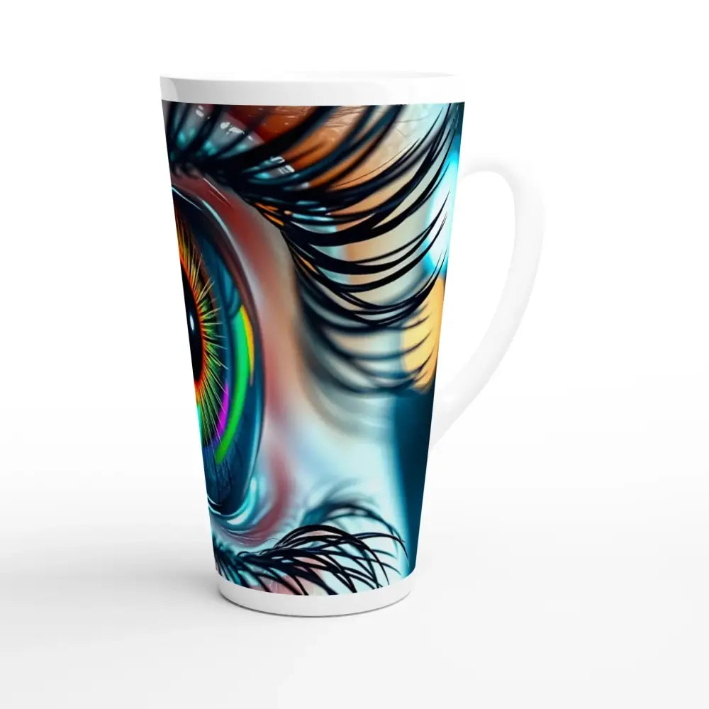 Tall white ceramic mug with eye design from PixiOnyx Dreamscape Drinkware