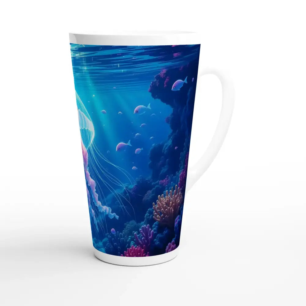 Tall white ceramic mug with an underwater scene from White Latte 17oz Cosmic Drift collection