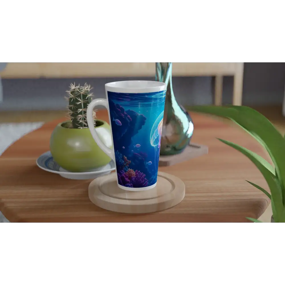 White Latte 17oz Ceramic Mug with glowing underwater scene design Cosmic Drift PixiOnyx