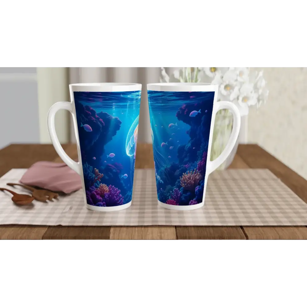 White Latte 17oz Ceramic Mug with underwater scene themed Cosmic Drift design