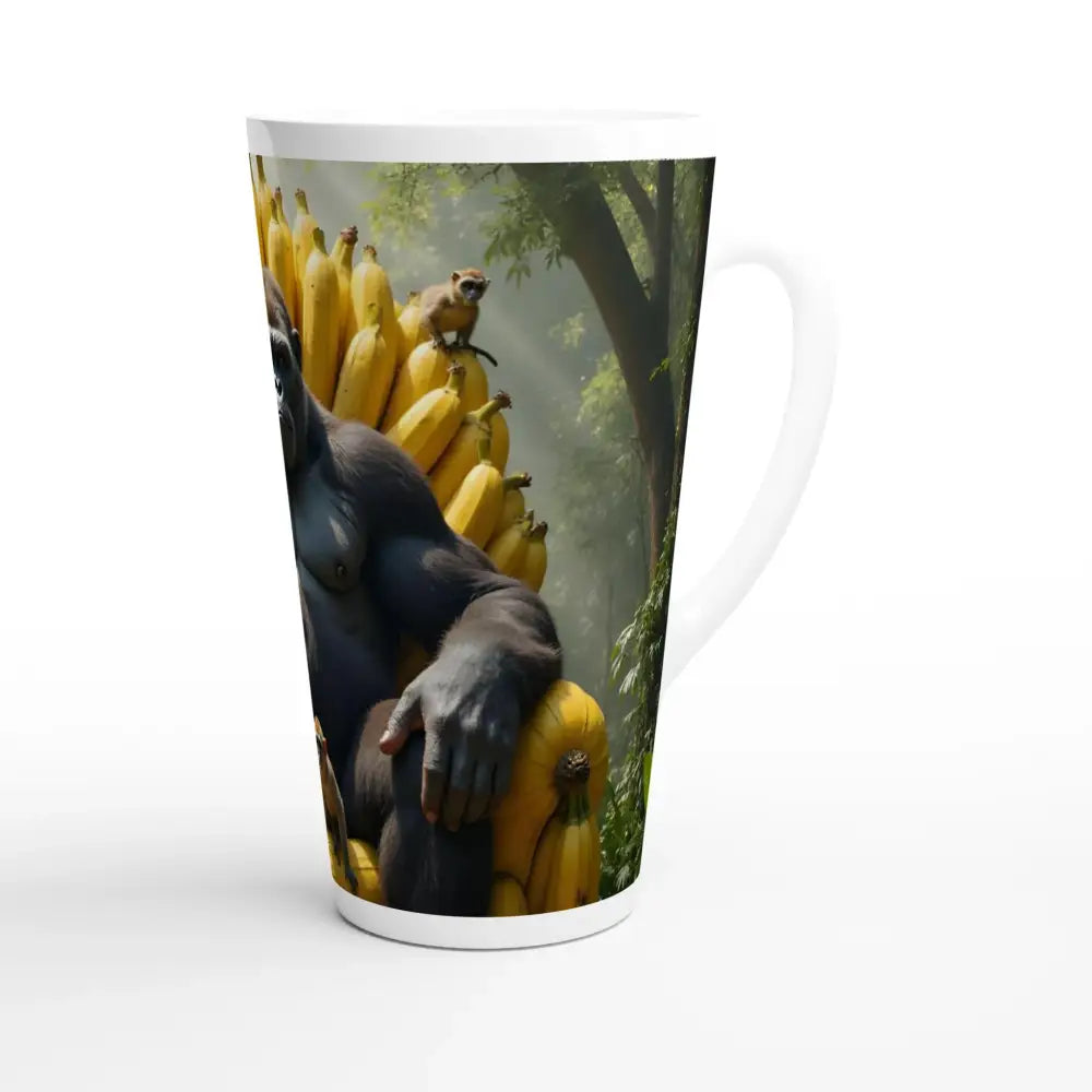 White Latte 17oz ceramic mug featuring a gorilla and banana design from PixiOnyx
