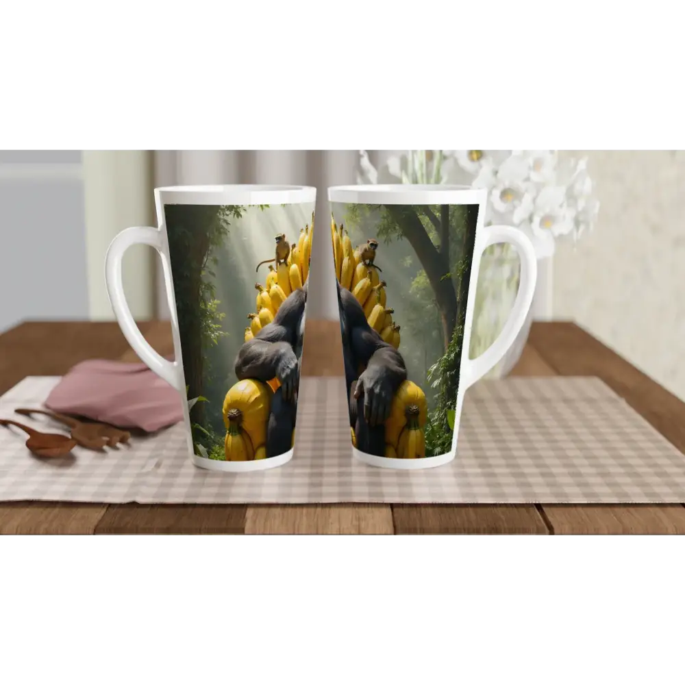 White Latte 17oz ceramic mug featuring a gorilla and bananas design from PixiOnyx