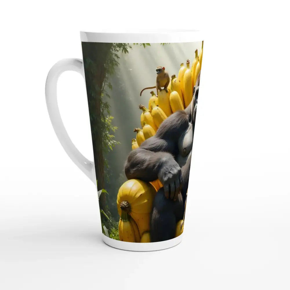 White Latte 17oz Ceramic Mug featuring King Kong with gorilla and bananas artwork