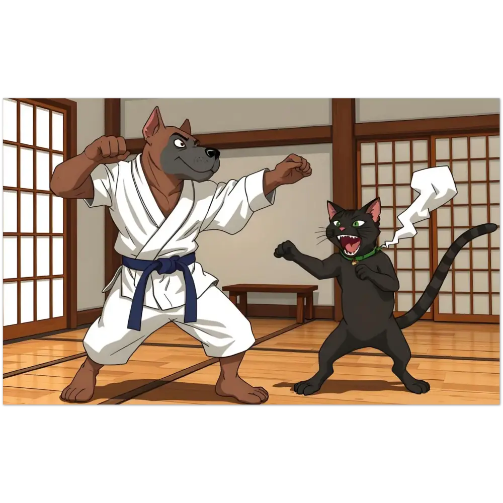 Cartoon dog and cat karate match on White Latte 17oz Ceramic Mug Paws of Fury PixiOnyx