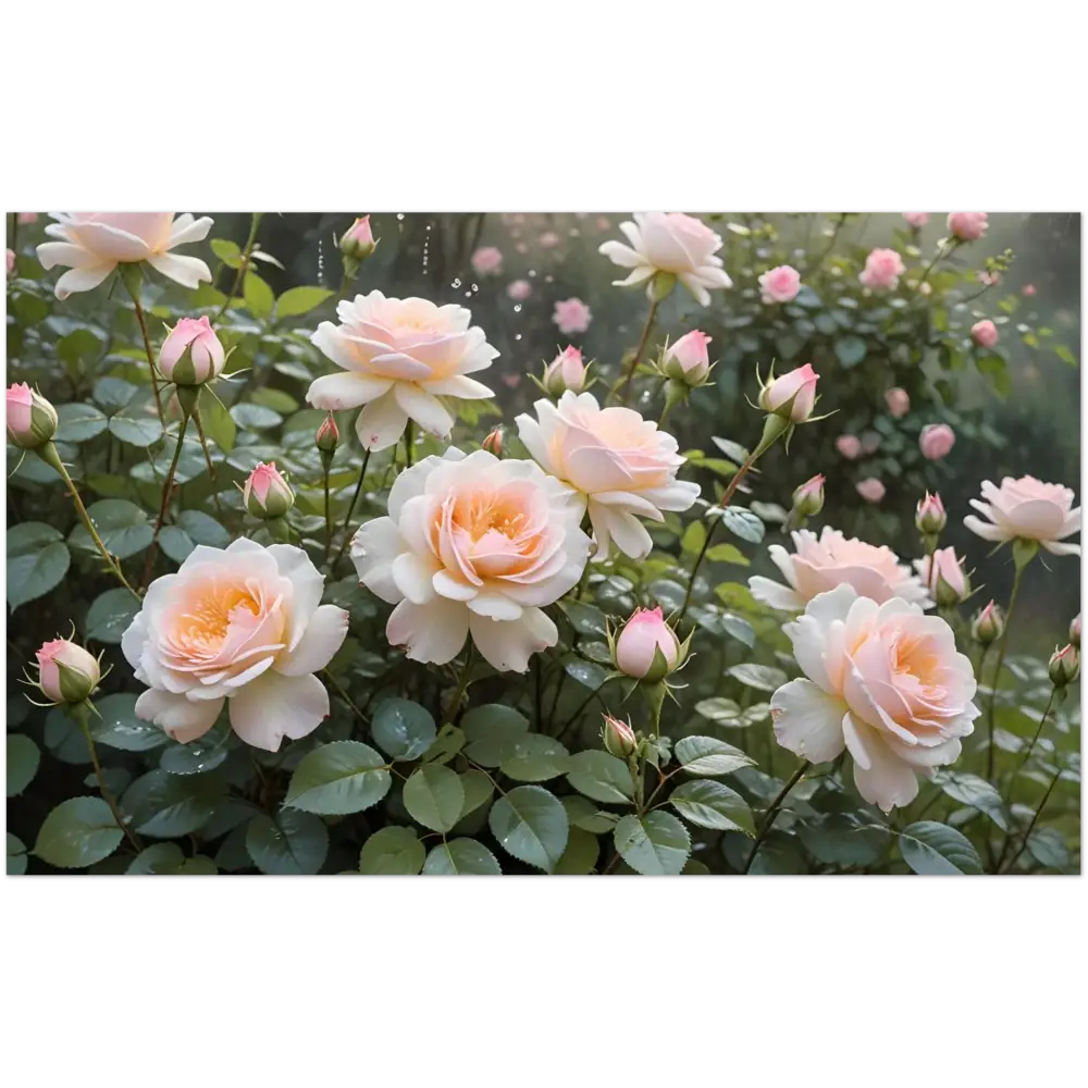 Delicate peach-toned roses on White Latte 17oz Ceramic Mug Soft Petal Symphony PixiOnyx