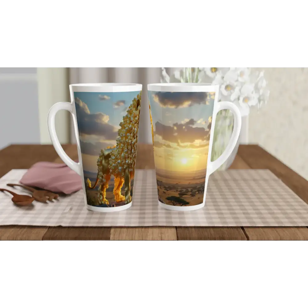 Two printed White Latte 17oz Ceramic Mugs from The Golden Kernel King PixiOnyx