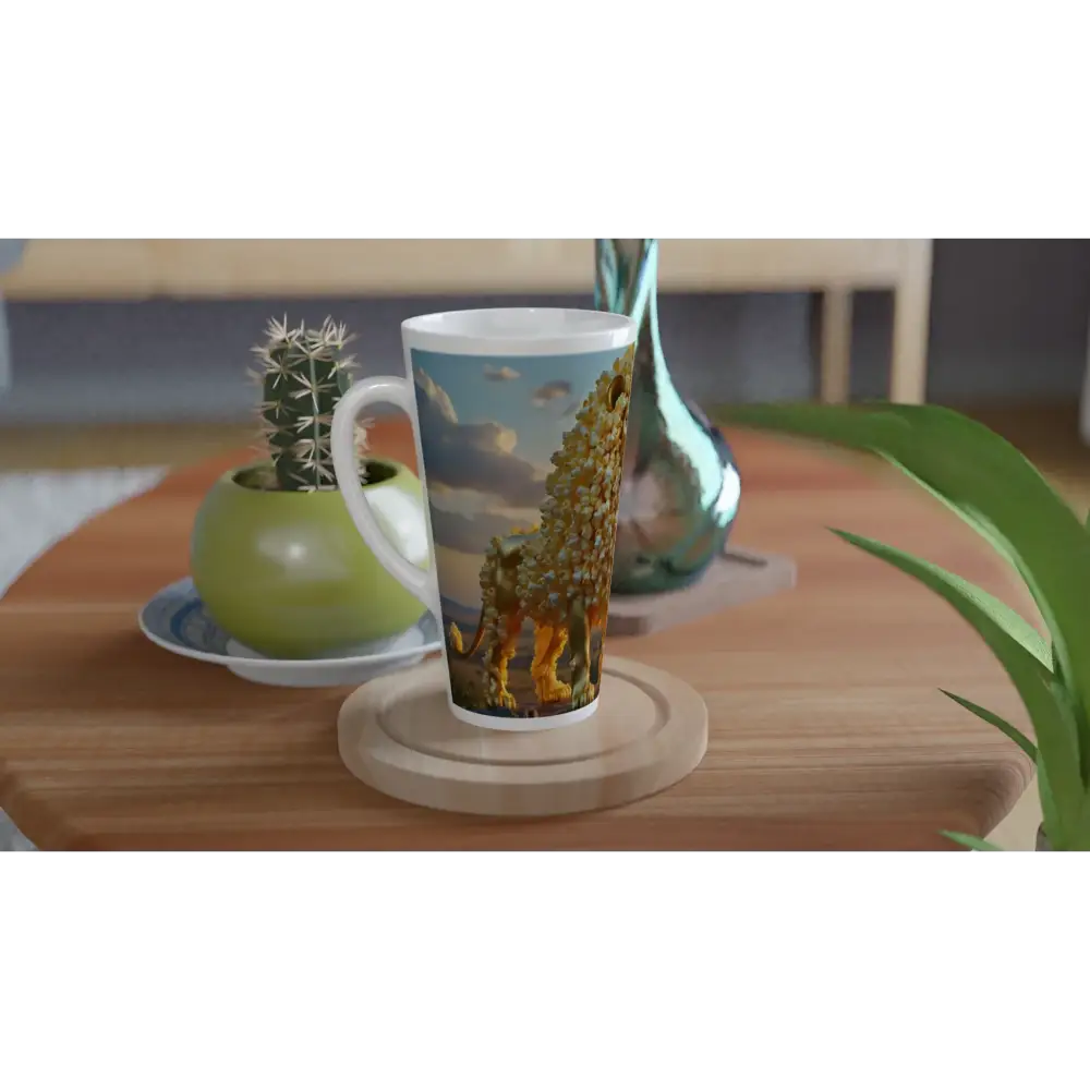 Tall printed ceramic mug from White Latte 17oz Ceramic Mug The Golden Kernel King PixiOnyx